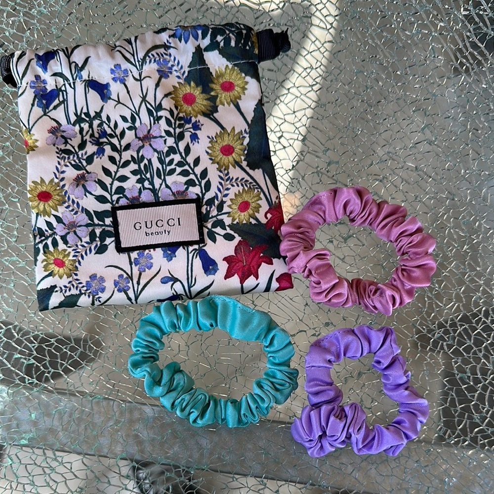 Gucci Floral Pouch, pink, Lavender and Teal Hair Scrunchies